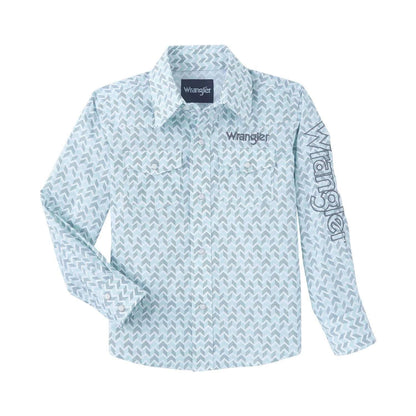 Wrangler Boy's Western Shirt In Aqua/Grey Print, Wrangler Down Sleeve/ Chest Pocket 112346230 - wrangler