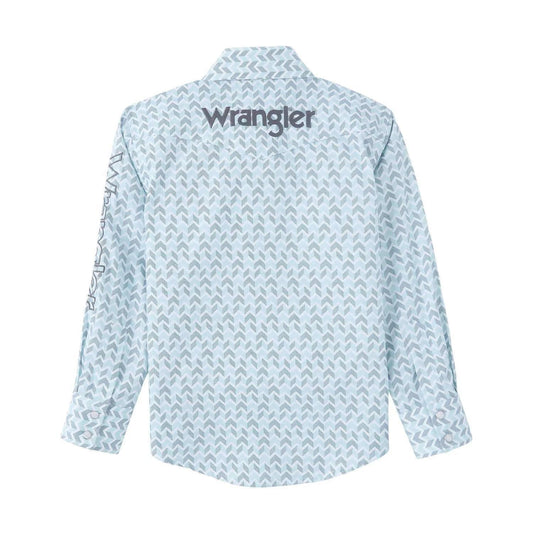 Wrangler Boy's Western Shirt In Aqua/Grey Print, Wrangler Down Sleeve/ Chest Pocket 112346230