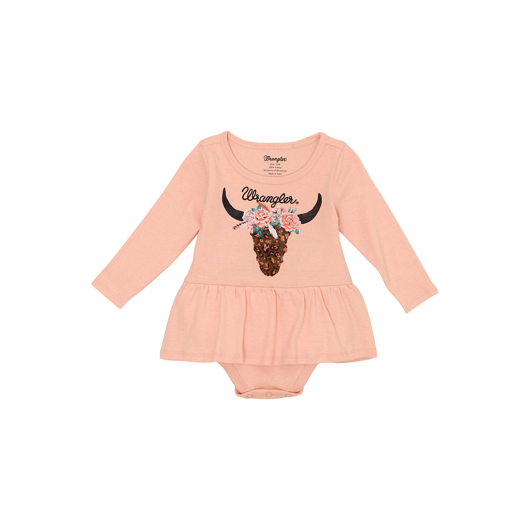 Wrangler Girl's Infant Knit Bodysuit With Skirt Floral Steer Head In Coral