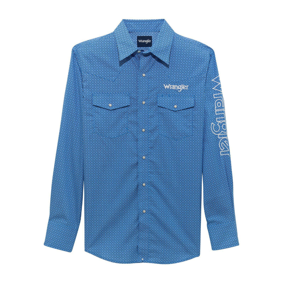 Wrangler Men's Logo Long Sleeve Shirt- Classic Fit Blue Snaps