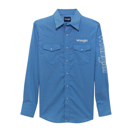 Wrangler Men's Logo Long Sleeve Shirt- Classic Fit Blue Snaps