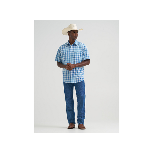 Wrangler Men's Wrinkle Resistant Blue Plaid Snap Short Sleeve Shirt weis-western-wear