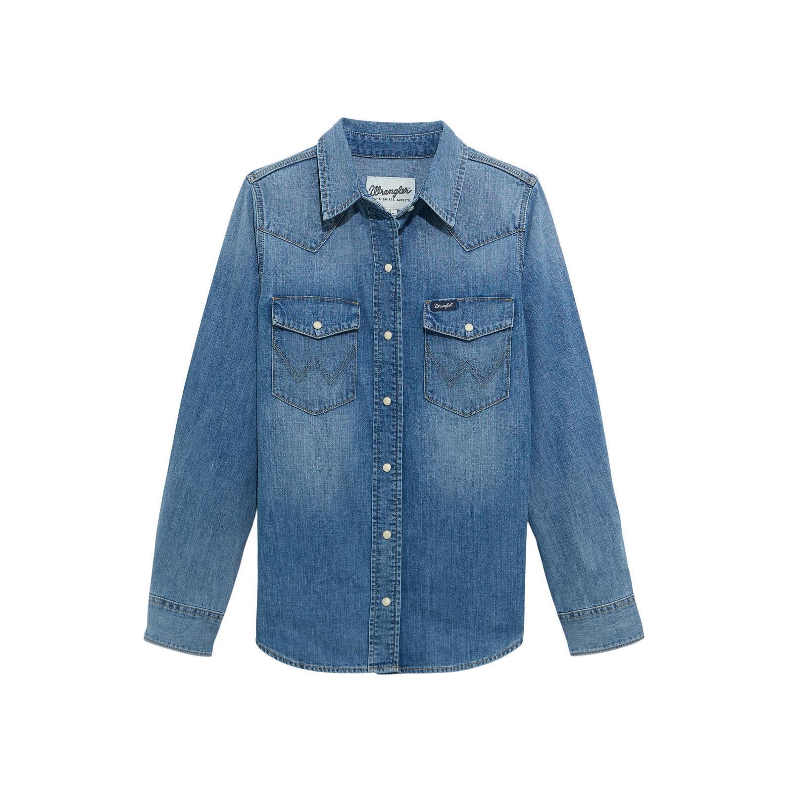 Wrangler Women's Denim Snap Long Sleeve Shirt In Light Denim weis-western-wear