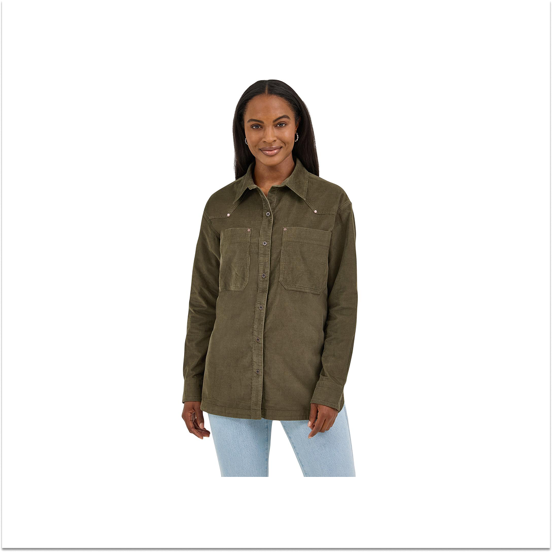 Wrangler Women's Punchy Boyfriend Cord Shirt Olive weis-western-wear