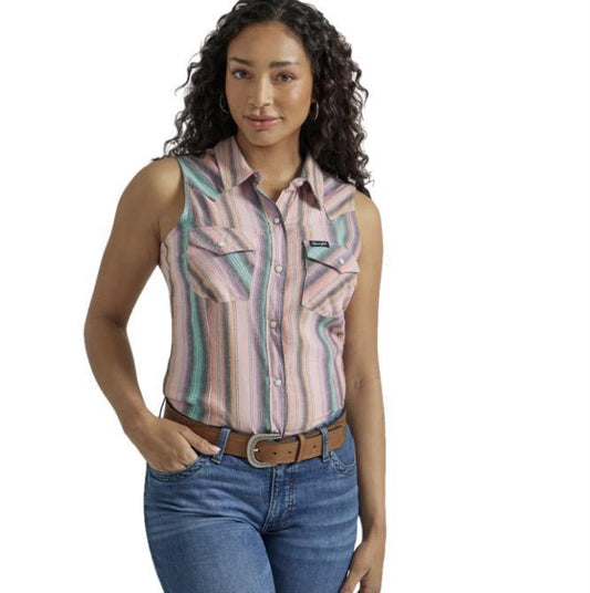 Wrangler Women's Retro Punchy Striped Colourful Snap Sleeveless Shirt 112347170 - Wrangler