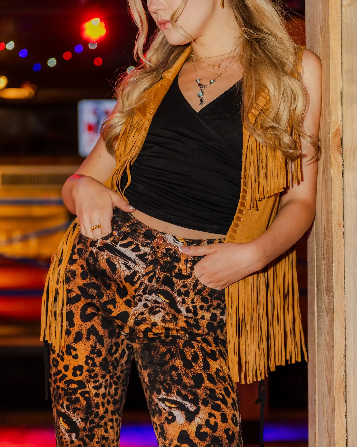 Wrangler X Lainey Wilson Women's Festival Fringe Suede Vest Bone Brown