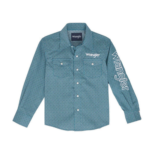 Wrangler Youth Boy's LOGO Long Sleeve Snap Shirt, Turquoise 112352445