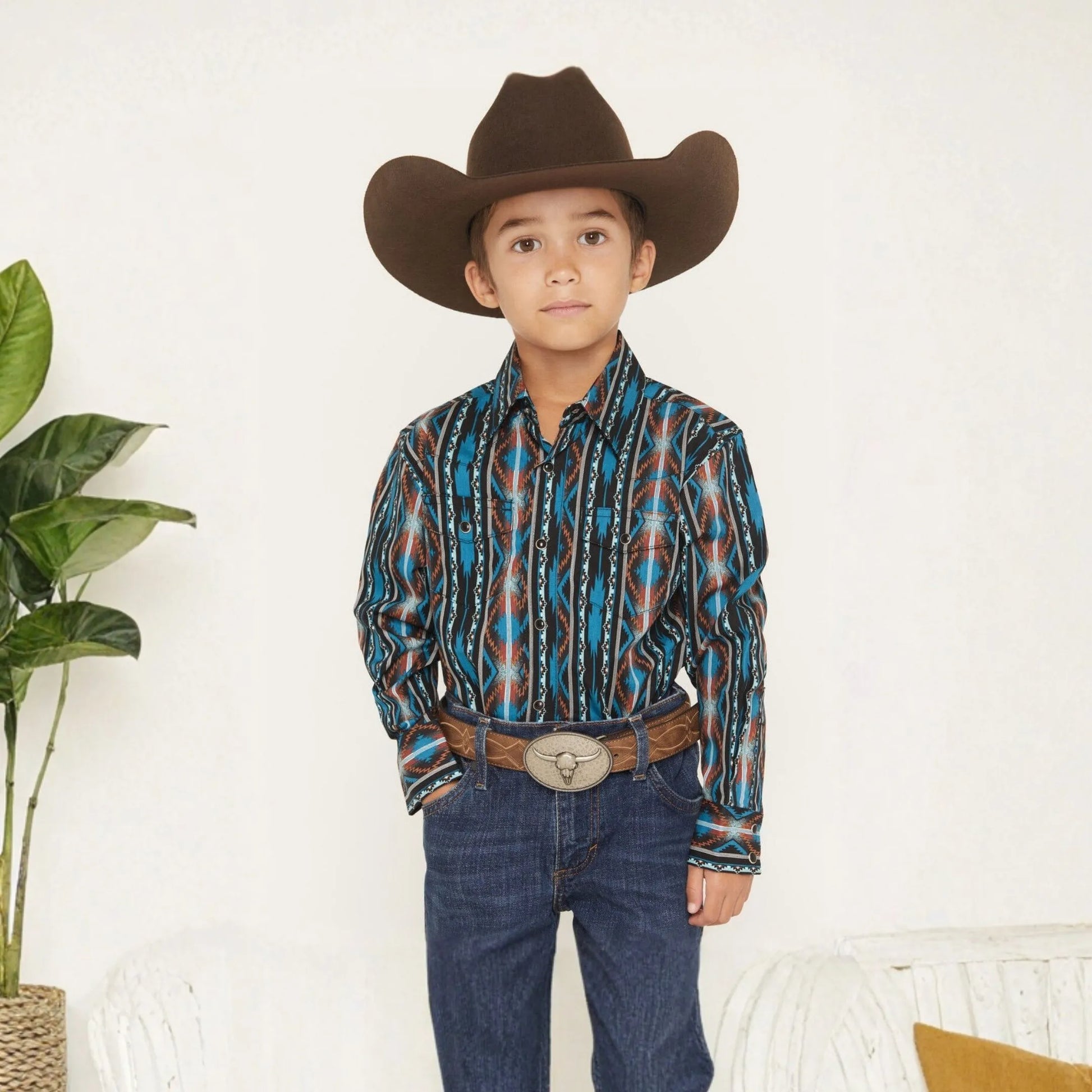 Wrangler Boy's Checotah Print Long Sleeve Button Up weis-western-wear