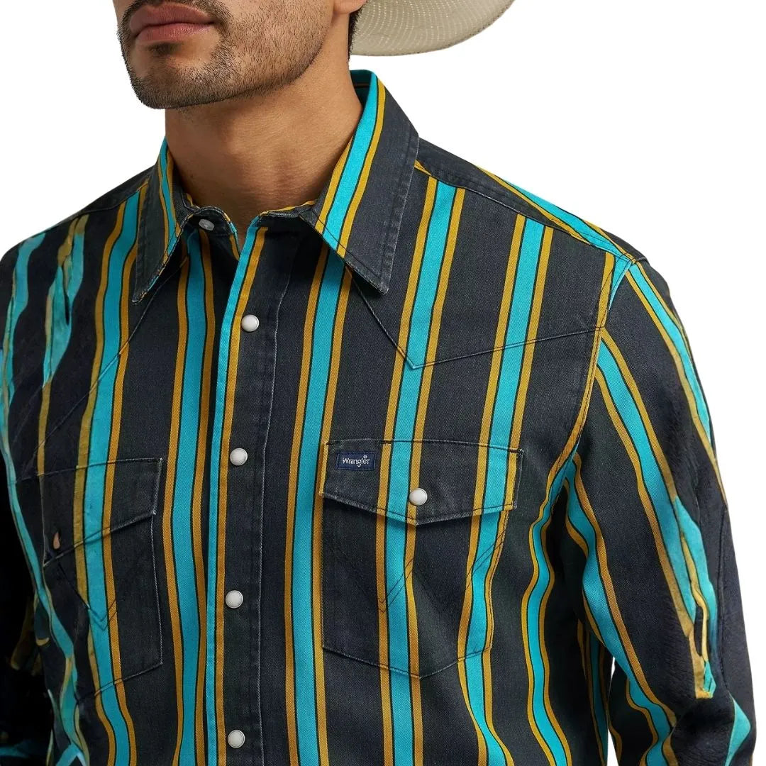 Wrangler Men's Vintage Inspired Brushpopper Black Multi Snap Shirt weis-western-wear