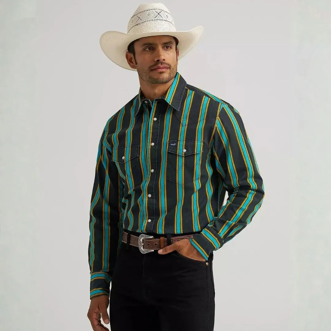 Wrangler Men's Vintage Inspired Brushpopper Black Multi Snap Shirt weis-western-wear