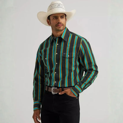 Wrangler Men's Vintage Inspired Brushpopper Black Multi Snap Shirt weis-western-wear