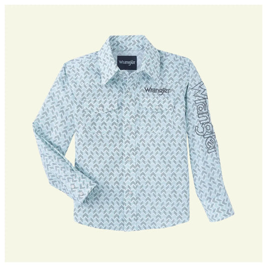 Wrangler Boy's Western Shirt In Aqua/Grey Print, Wrangler Down Sleeve/Chest Pocket