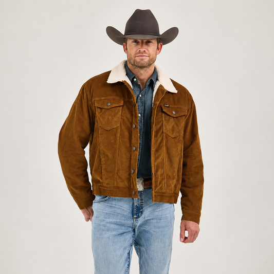 Wrangler corduroy sherpa jacket in tobacco brown, both chest pockets visible, front view.