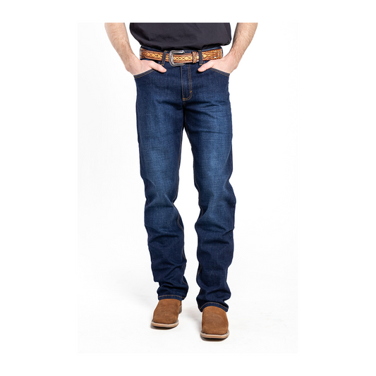Wrangler 20X Competition slim fit jean in Twilight, front view showing denim whiskering.