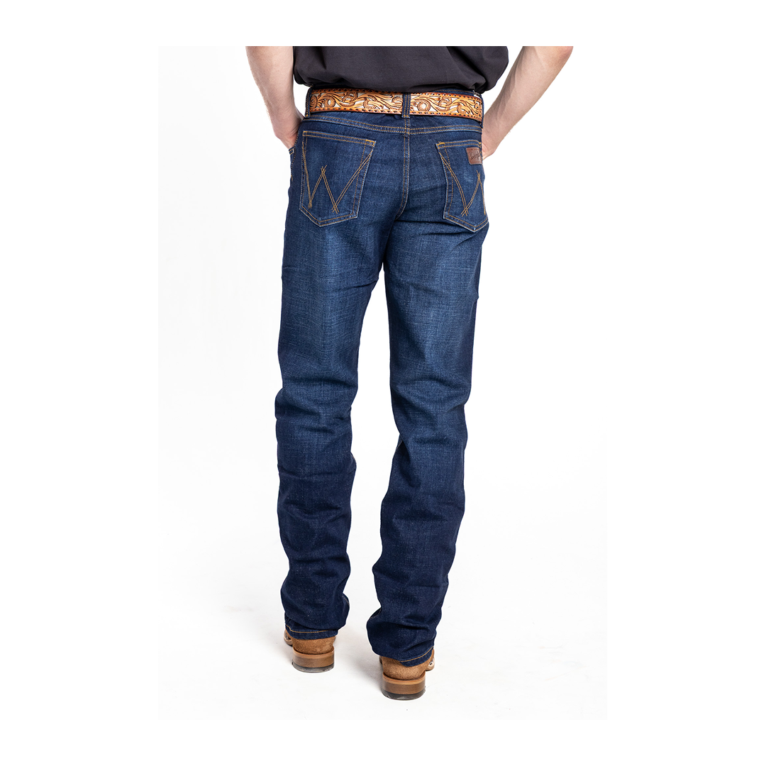 Wrangler 20X Competition slim fit jean in Twilight, back view showing "W" pocket stitching.