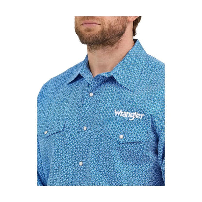 Wrangler Men's  Logo Long Sleeve Shirt - Classic Fit Blue Snaps