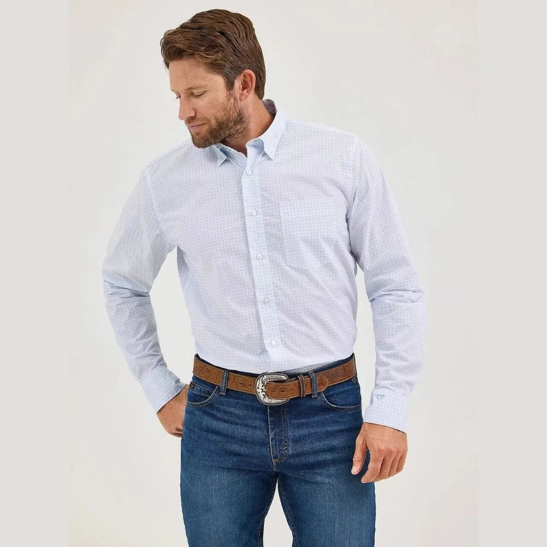 Wrangler Mens Cody Johnson Button Down Shirt - Pale Blue