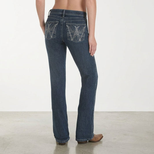 Wrangler Q-Baby mid-rise bootcut jeans in medium wash denim, back pocket view on model.