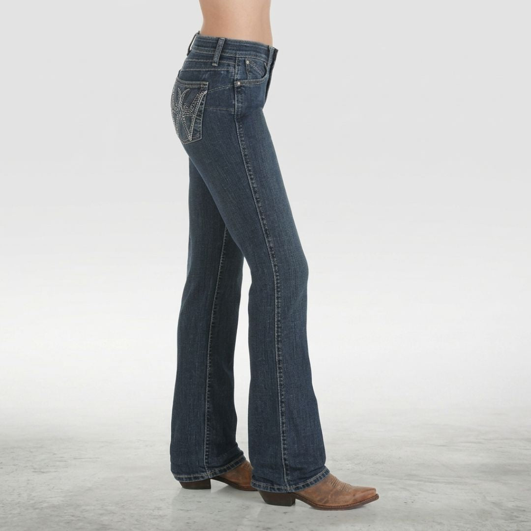 Wrangler Q-Baby mid-rise bootcut jeans in medium wash denim, full front view on model.