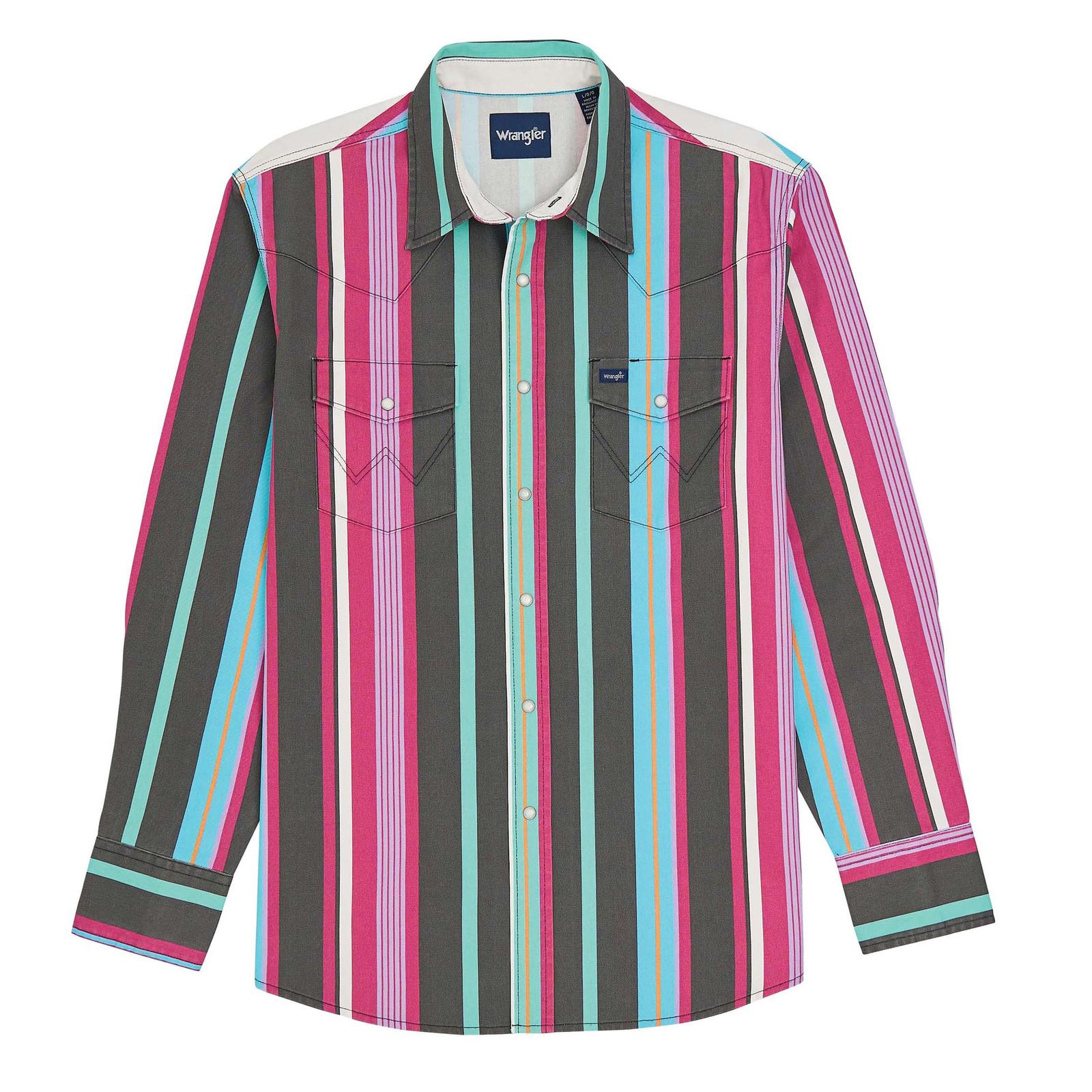 Wrangler Brushpopper snap shirt in teal and purple vertical stripes with a contrast collar.