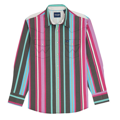 Wrangler Brushpopper snap shirt in teal and purple vertical stripes with a contrast collar.