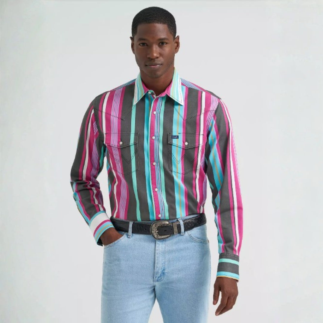 Wrangler Brushpopper snap shirt in red, blue, and cream, front view on model.