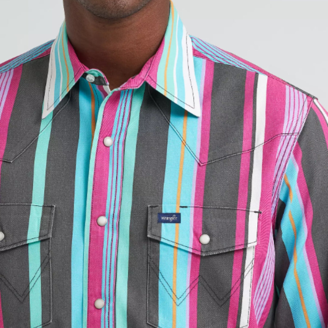 Wrangler Brushpopper snap shirt in red, blue, and cream, detail view on model.