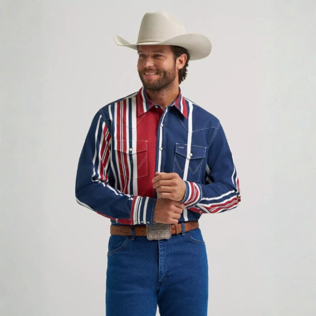 Wrangler Brushpopper snap shirt in neon pink, turquoise, and black, front view on model.
