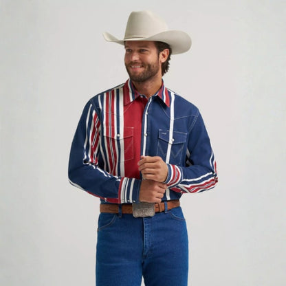 Wrangler Brushpopper snap shirt in neon pink, turquoise, and black, front view on model.
