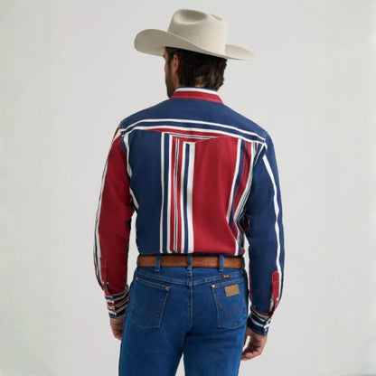 Wrangler Brushpopper snap shirt in neon pink, turquoise, and black, back view on model.