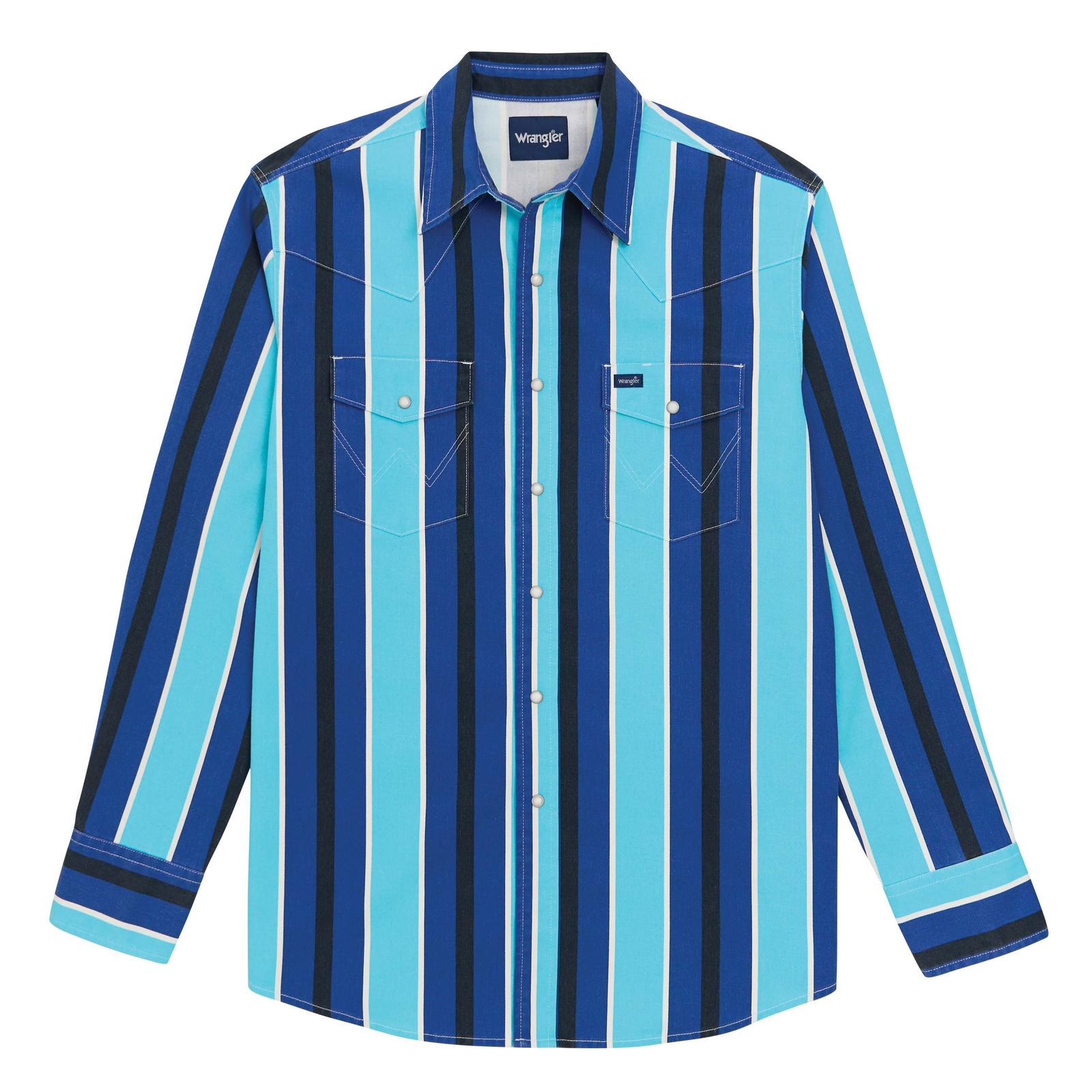 Wrangler Brushpopper snap shirt in bold multi-colored earth tone stripes with pearl snaps.