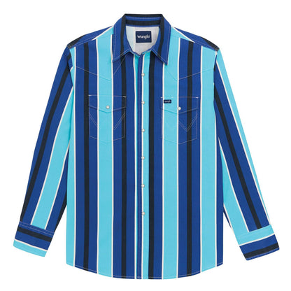 Wrangler Brushpopper snap shirt in bold multi-colored earth tone stripes with pearl snaps.