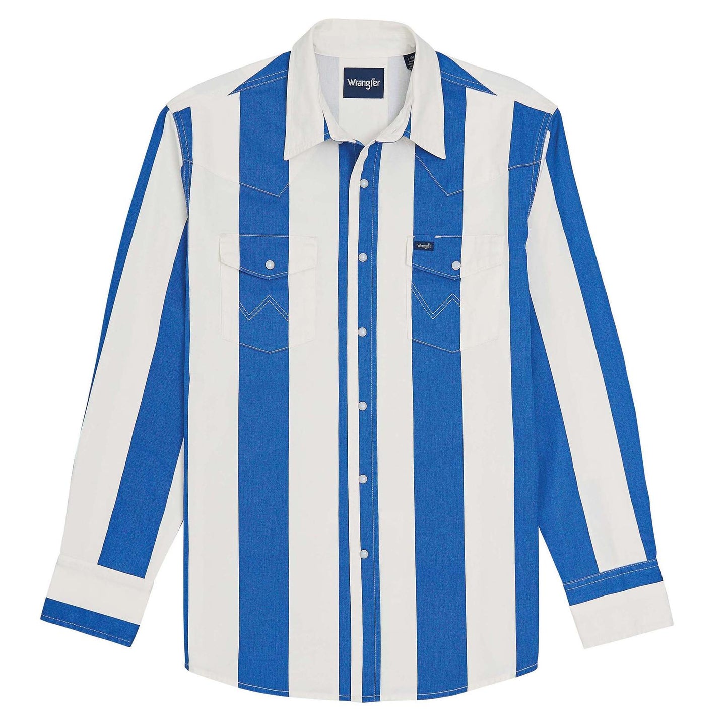 Wrangler Brushpopper snap shirt in red, blue, and cream stripes with western yokes.