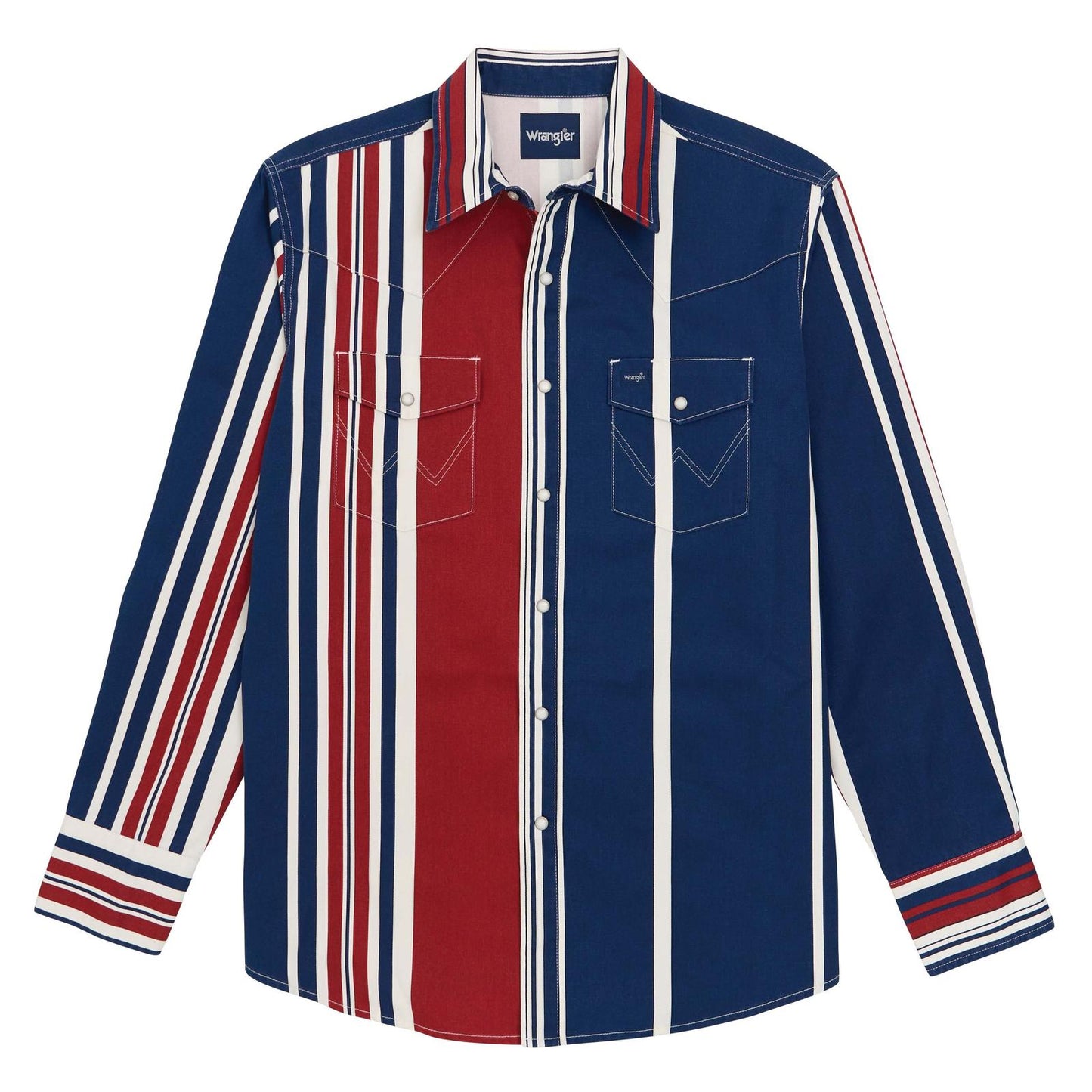 Wrangler Brushpopper snap shirt in neon pink, turquoise, and black with 'W' embroidery.