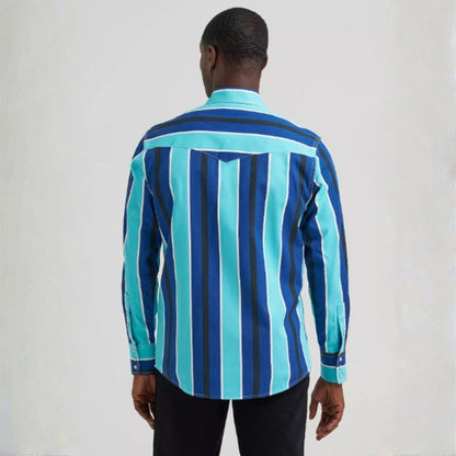 Wrangler Brushpopper snap shirt in teal and purple, side view on model.
