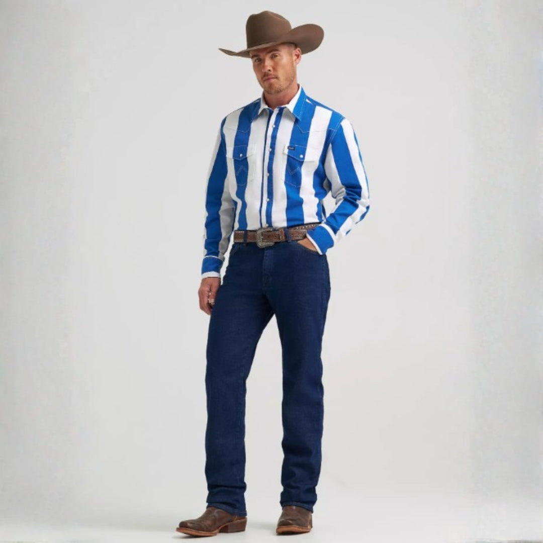 Wrangler Brushpopper snap shirt in earth tone stripes, front view on model.