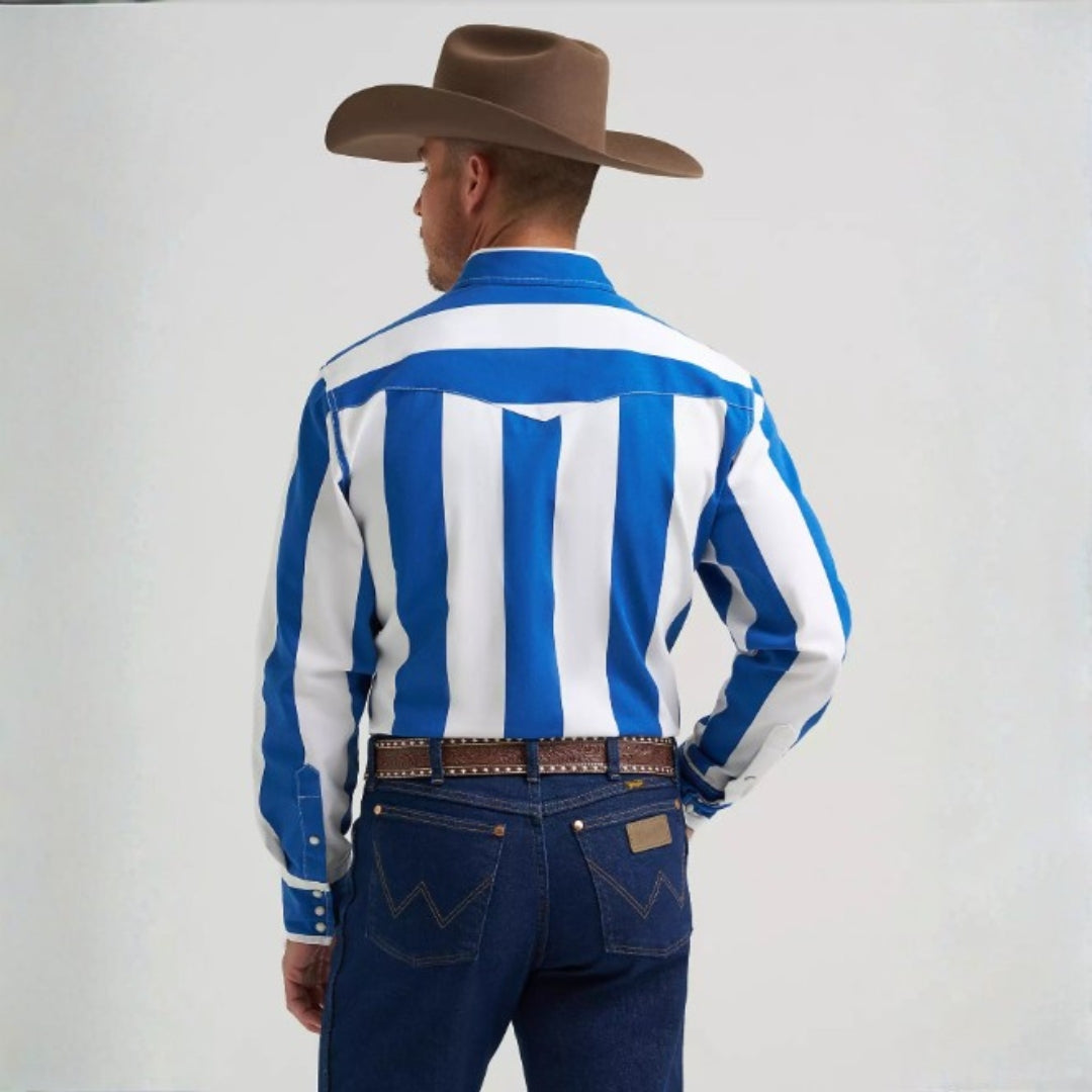 Wrangler Brushpopper snap shirt in earth tone stripes, back view on model.