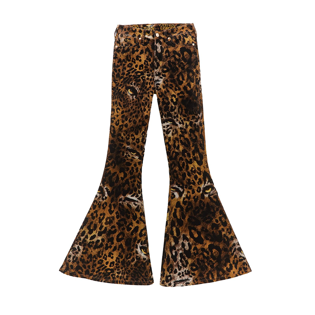 Wrangler X Lainey Wilson leopard print bell bottom jean, close-up of the dramatic bell bottom flare.
