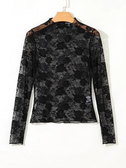 LaLa Loo Women's Floral Lace Mesh Mock Neck Top