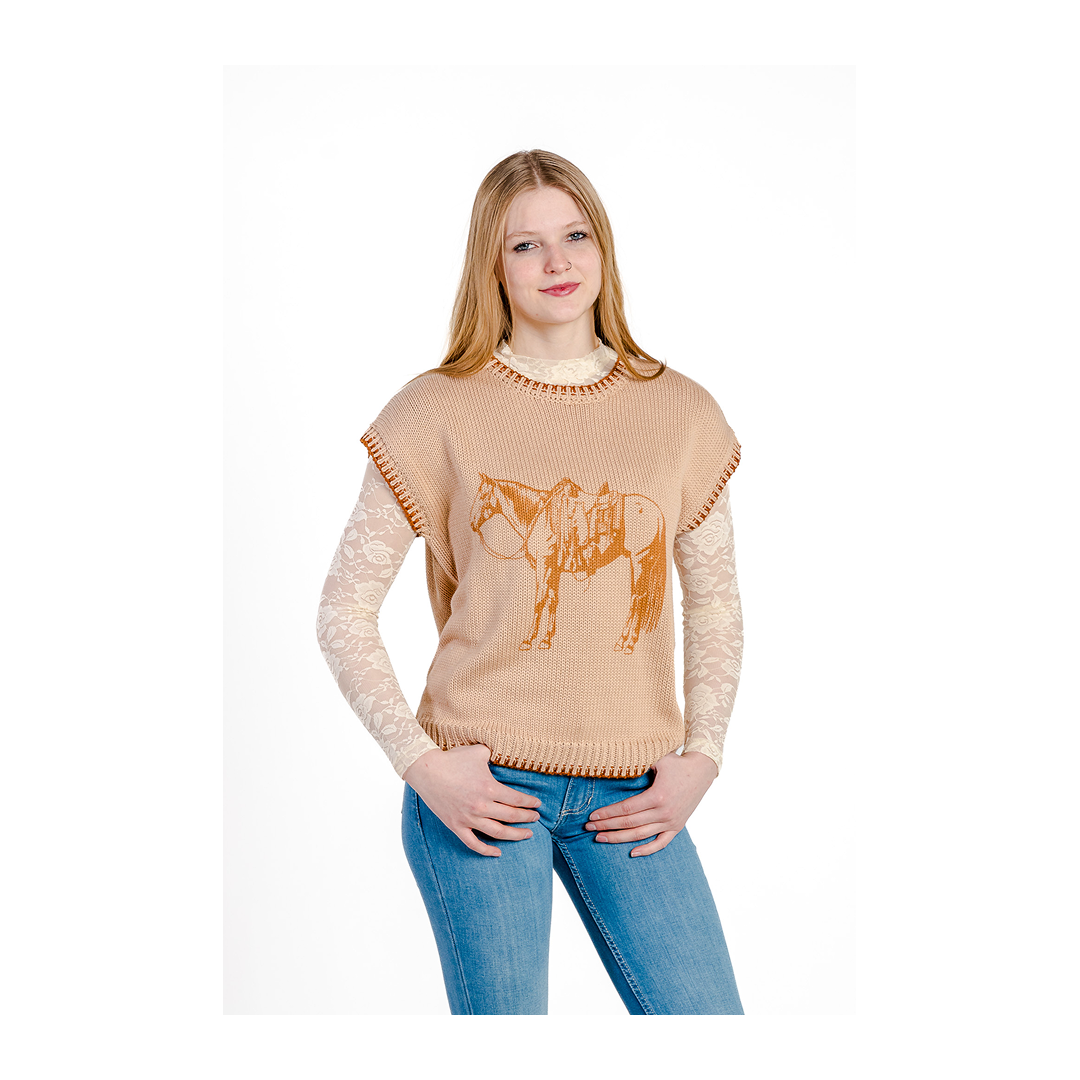 Rockin A Design Women's Cowpony Short Sleeve Printed Sweater Vest w/ Trim