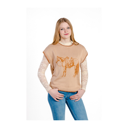 Rockin A Design Women's Cowpony Short Sleeve Printed Sweater Vest w/ Trim
