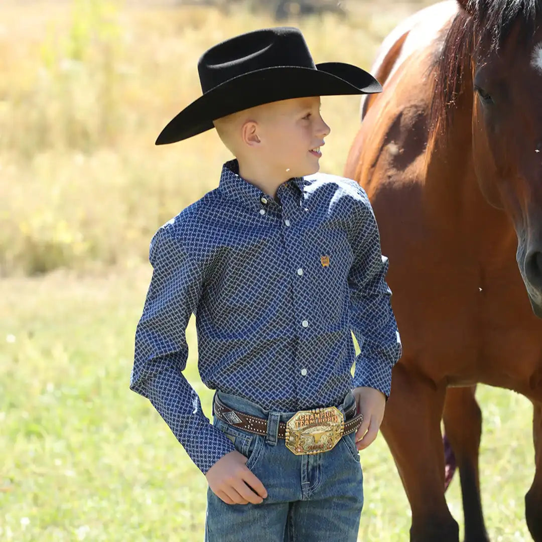 Cinch Boy’s Shirt Long Sleeve Button Down Blue -Clearance