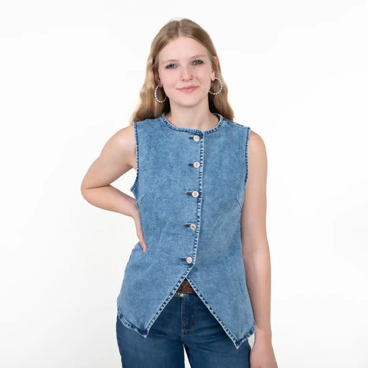 LALA LOO Western Denim Button Front Slit Sleeveless Vest LL790248-P604