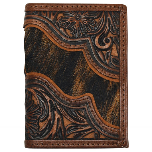 Justin Men's Genuine Leather Trifold Wallet With Floral Tooling And Cowhide weis-western-wear