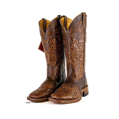 Boulet Women's Cowgirl Boots 14" Cowhide Tooled / Embossed Wide Square Toe Roper Heel