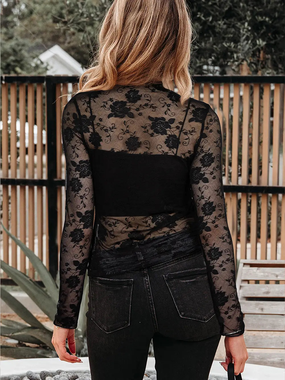 LaLa Loo Women's Floral Lace Mesh Mock Neck Top