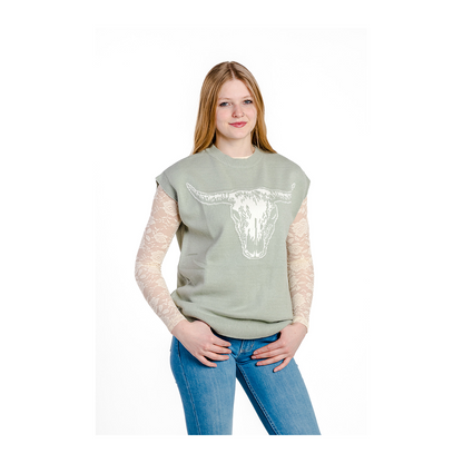 Rockin A Design Women's Sage Skull Western Sweater Vest Top
