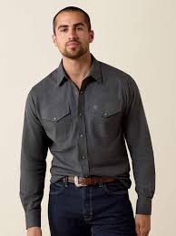 Ariat Mens Solid Twill Fitted Shirt Charcoal Heather