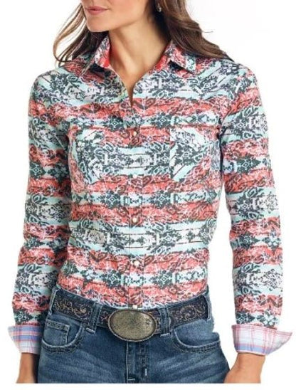 Panhandle Women’s Shirt Long Sleeve Snaps Coral Print