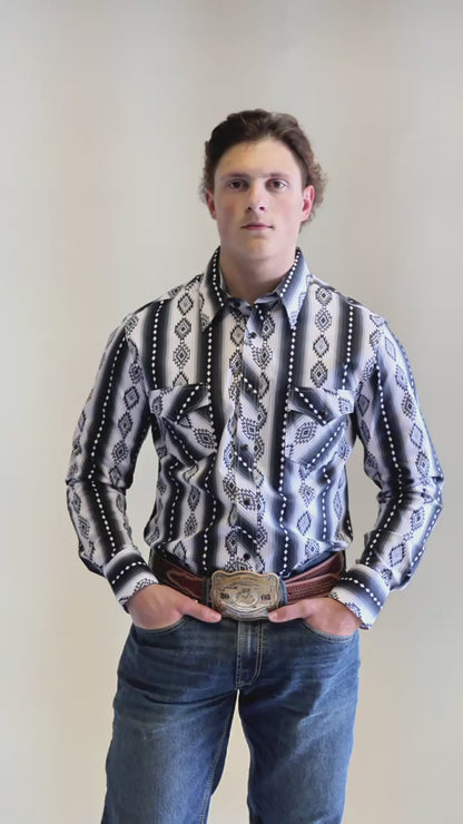 Rock & Roll Denim Men's Black And White Aztec Print Snap Long Sleeve Western Shirt